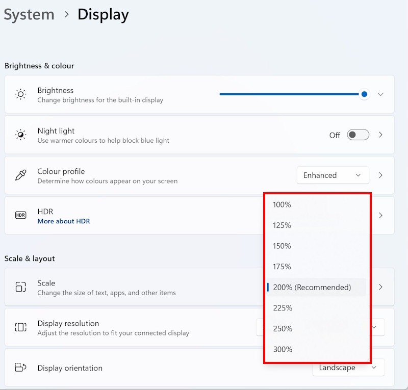 Click the Scale drop-down menu and choose a new Scale percentage